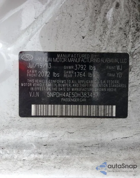 2013 Hyundai Elantra Gls z USA, uszkodzony, nr VIN 5NPDH4AE5DH383437